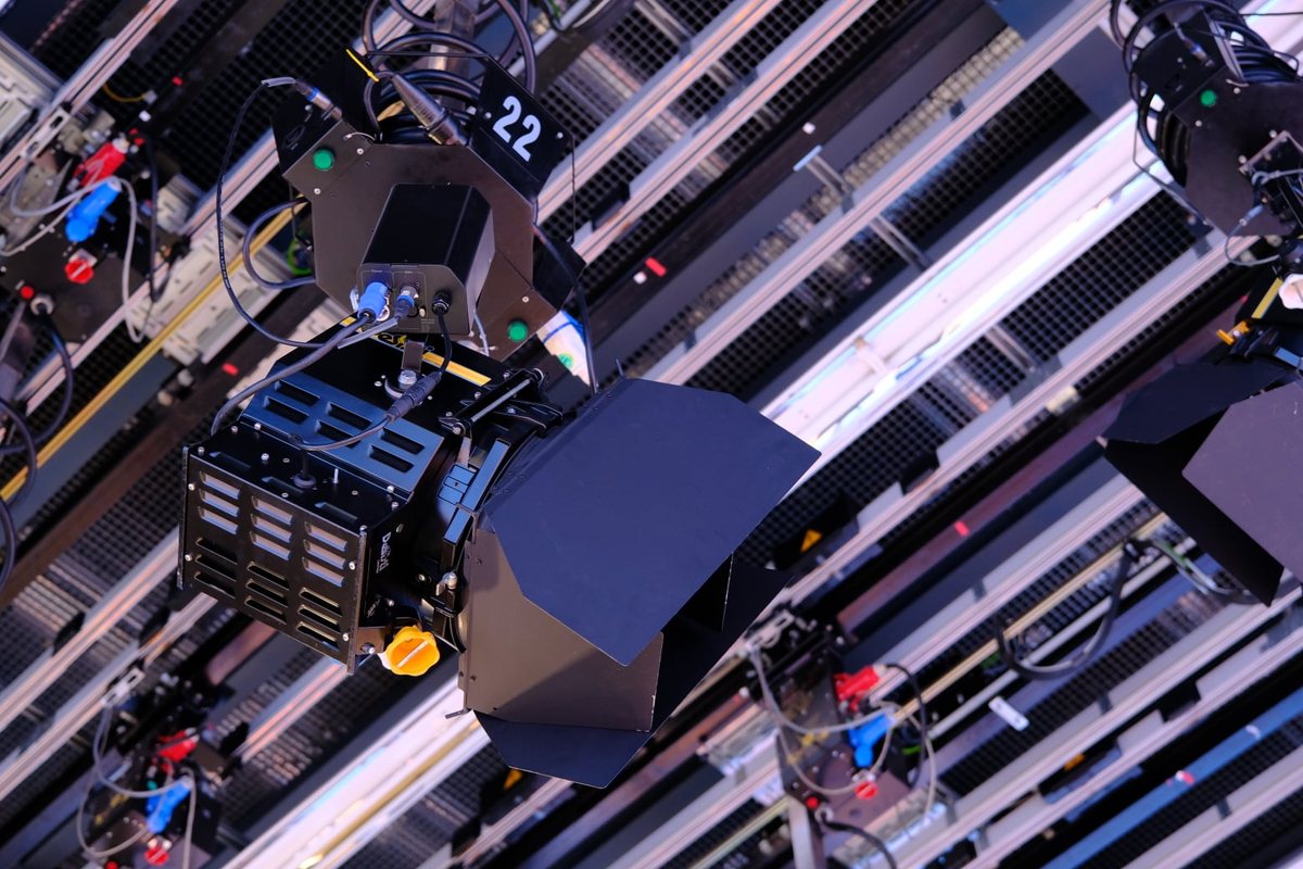 A retrofit kit and its external control box on a studio lighting grid